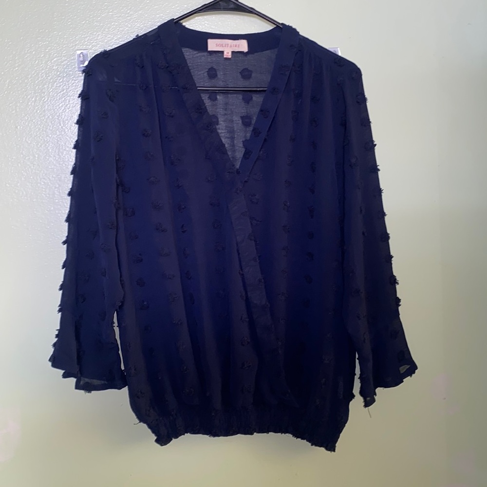 Solitaire dark blue 3/4 Length Sleeve V Neck Blouse medium